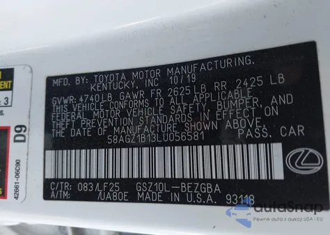 2020 Lexus Es 350 F Sport from USA, damaged, VIN 58AGZ1B13LU056581